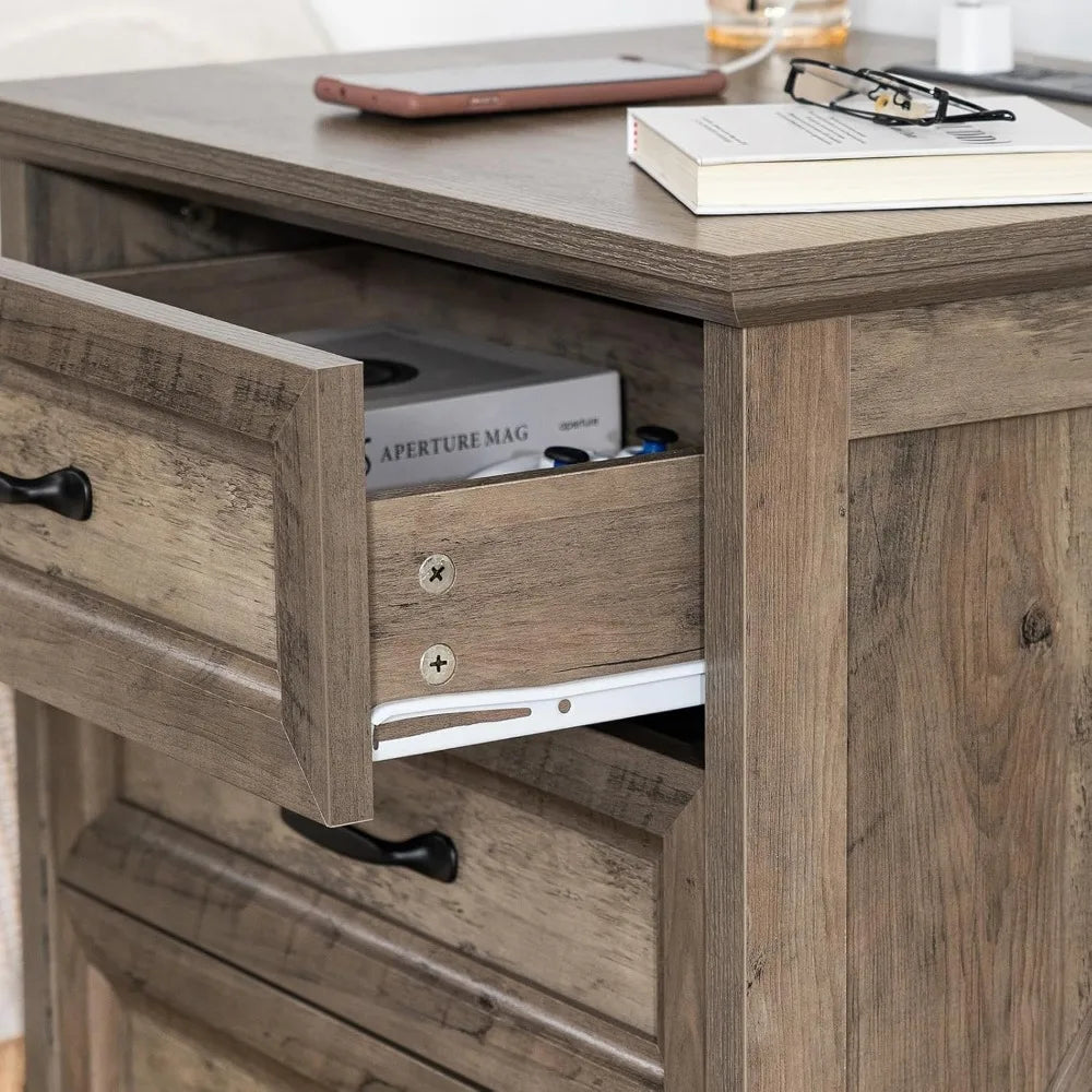 Farmhouse Nightstand With 3-Drawer Charging Station USB AC Ports