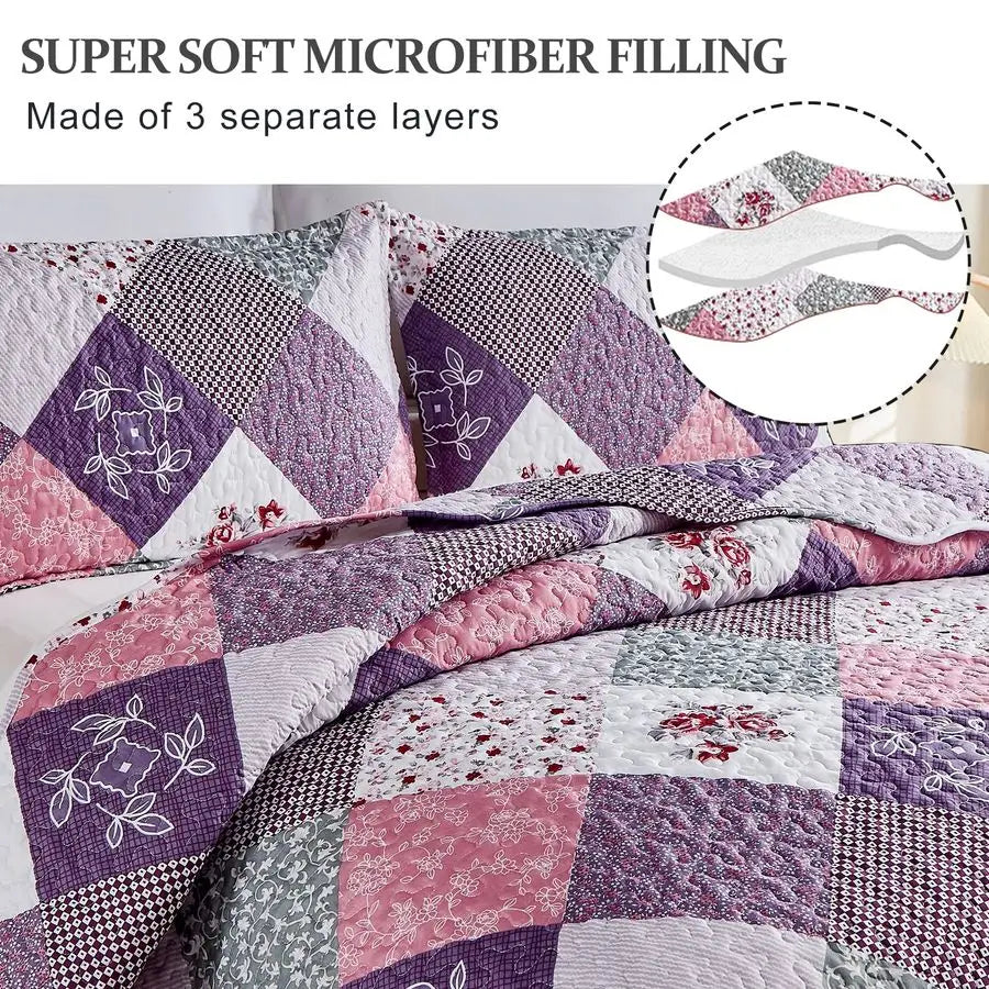 Floral Patchwork Quilt Set Reversible Microfiber Bedding for Bedroom