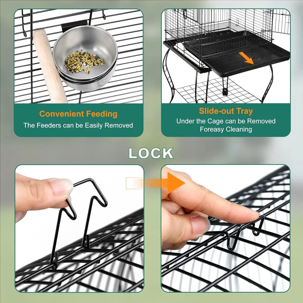 Open-Top Wrought Iron Bird Cage With Slide-Out Tray Stand