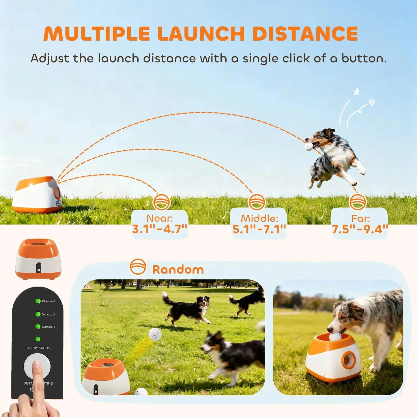 Automatic Dog Ball Launcher Cordless Fetch Toy Remote 3 Distances