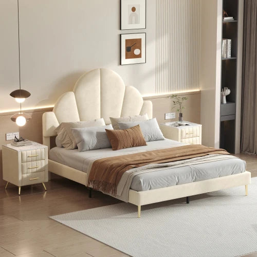 3 Piece Velvet Upholstered Bed Frame With Petal Headboard And Nightstands