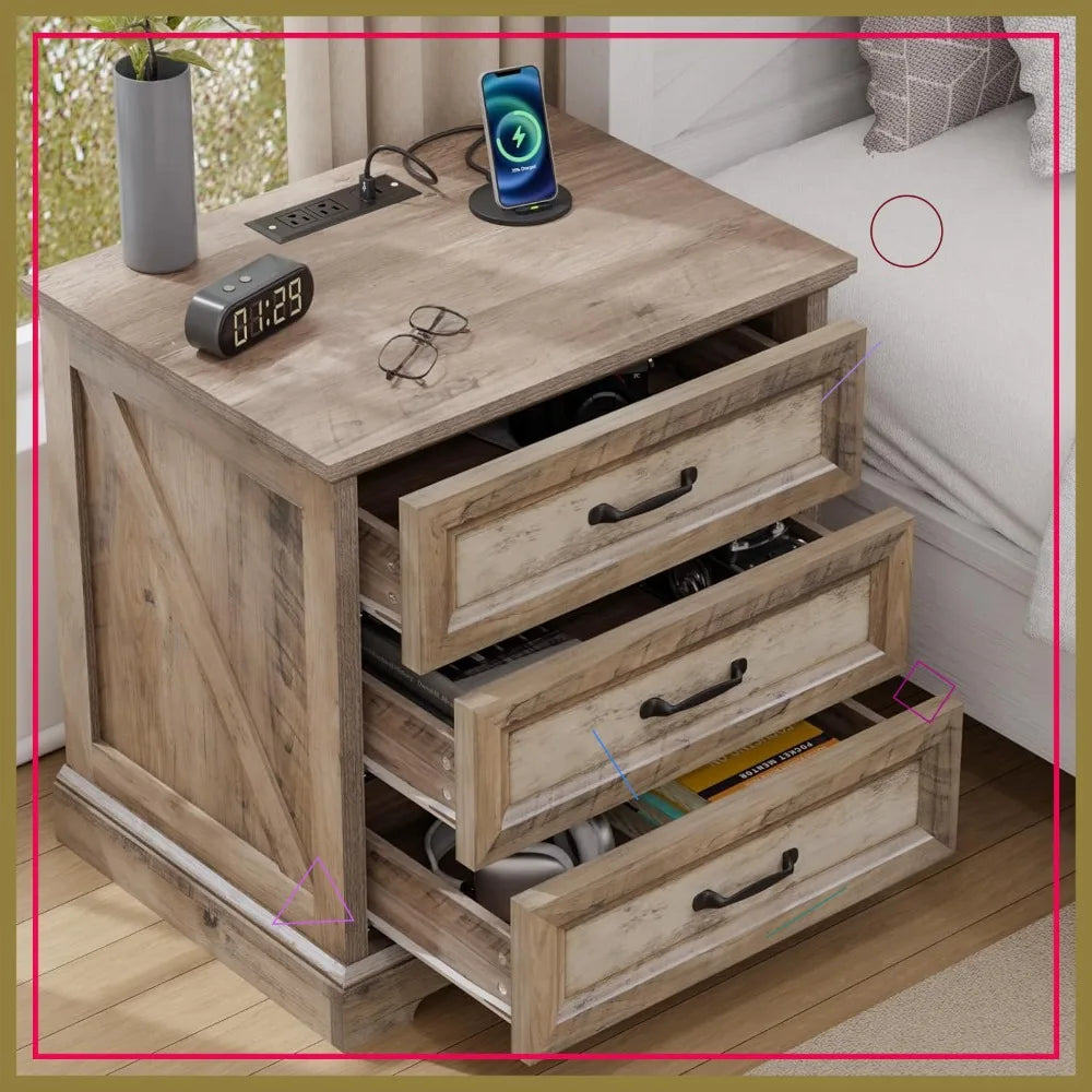 Farmhouse Nightstand With 3-Drawer Charging Station USB AC Ports