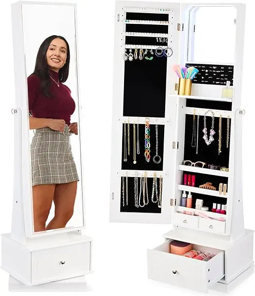 360 Swivel Mirrored Jewelry Cabinet Armoire With LED Mirror