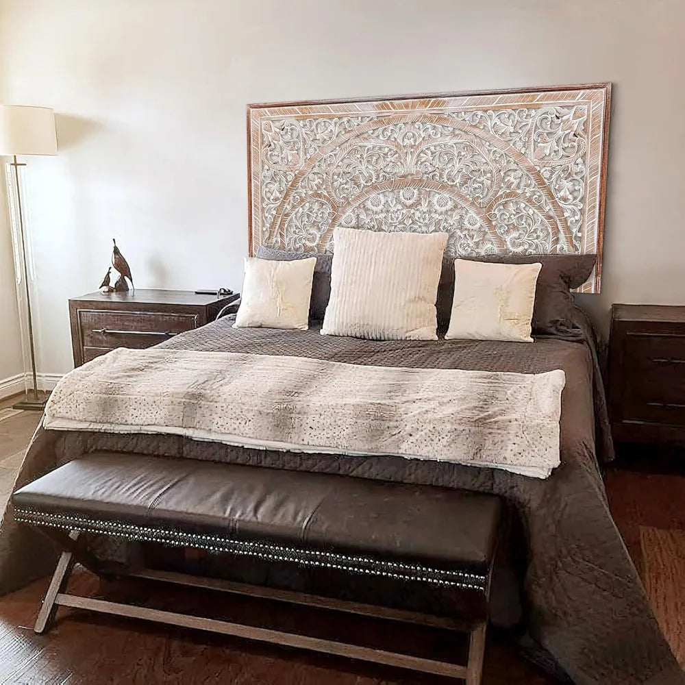 RBXC Handcrafted Wood Headboard Carved Wooden Wall Mount