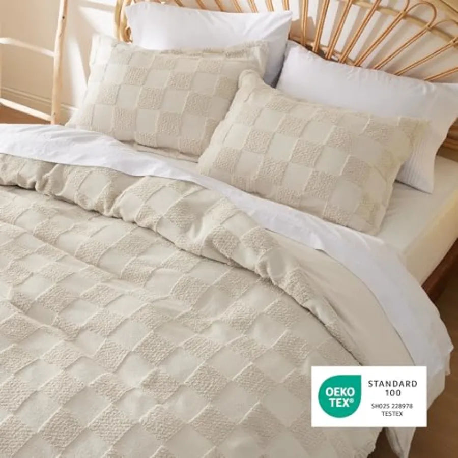 Boho Duvet Cover Checkered Embroidered Knit Jacquard Polyester Cotton