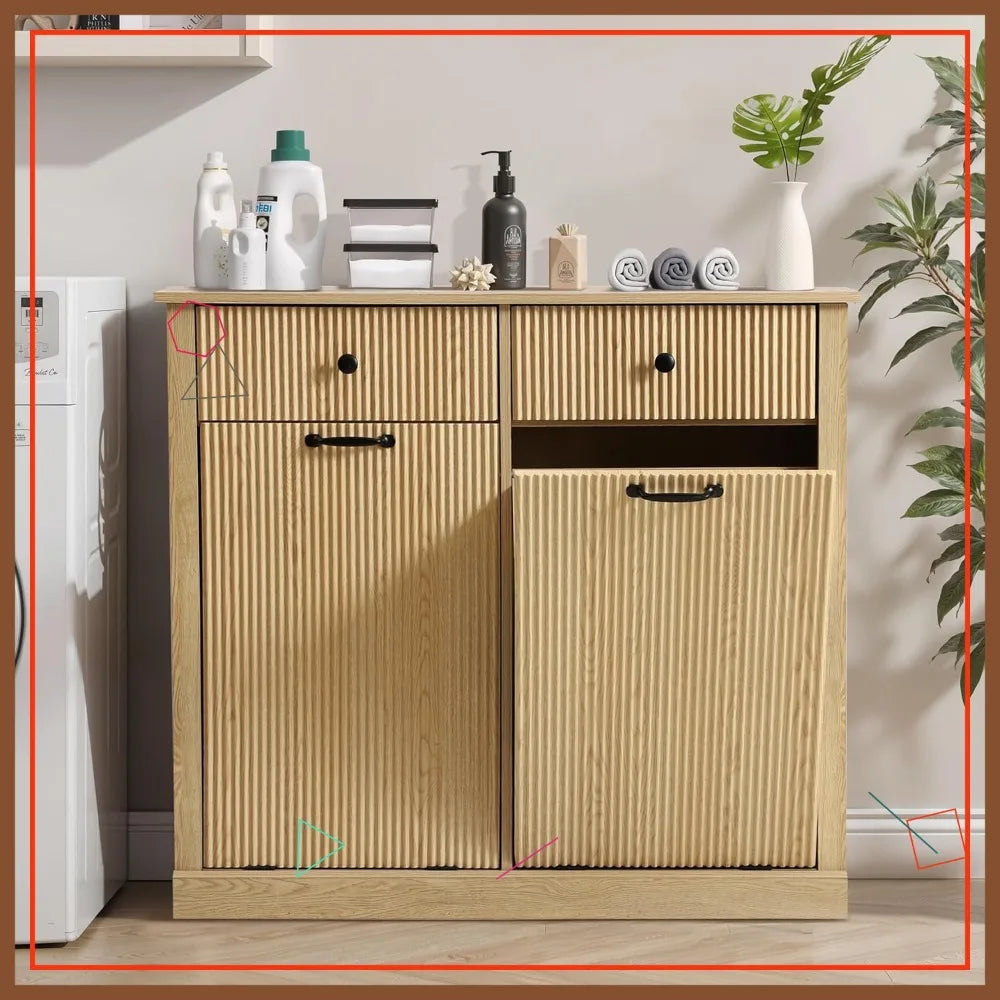 Double Tilt Out Laundry Basket Cabinet With Drawer