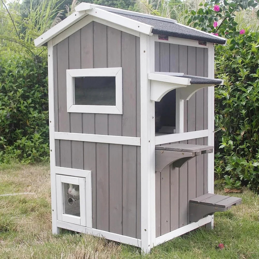 Outdoor Cat Shelter Two-Story Wooden Feral Cat House Openable Roof
