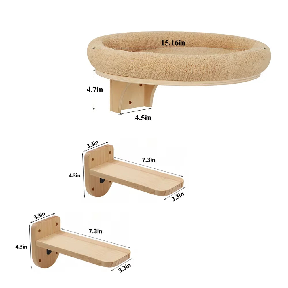 Cat Wall Mounted Solid Wooden Climbing Ladder Hammock Scratching Post