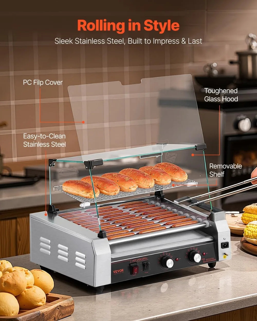 Hot Dog Roller Machine 1600W Commercial Stainless Steel