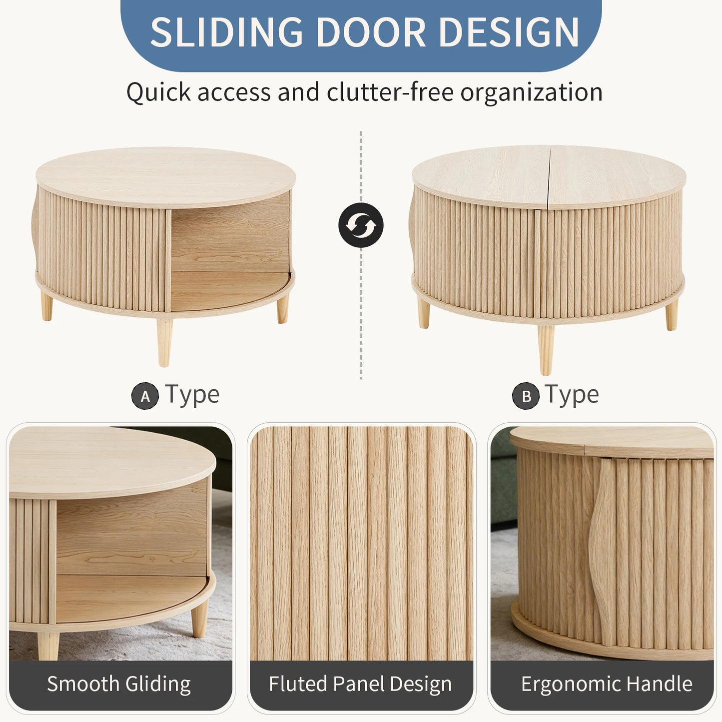 JHK Round Coffee Table With Flip Top Storage Sturdy Wood