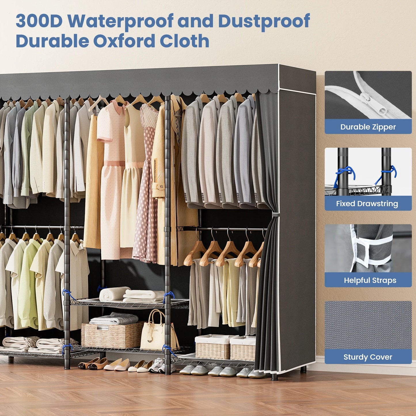 Portable DIY Closet Storage Wardrobe With Adjustable Bottom