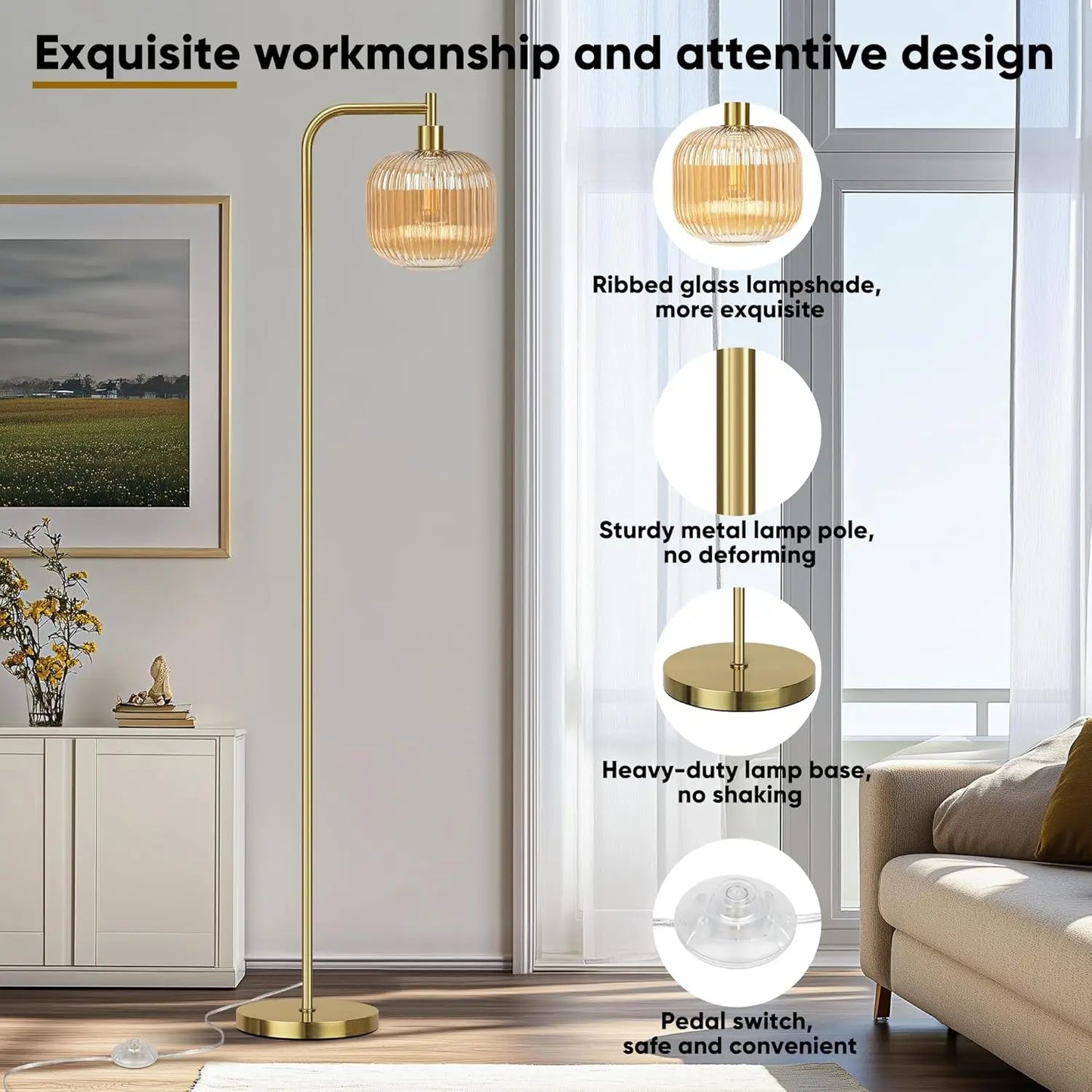 Modern Glass Floor Lamp with Ribbed Champagne Shade, Brushed Gold Finish, 67" Tall for Living Room & Bedroom
