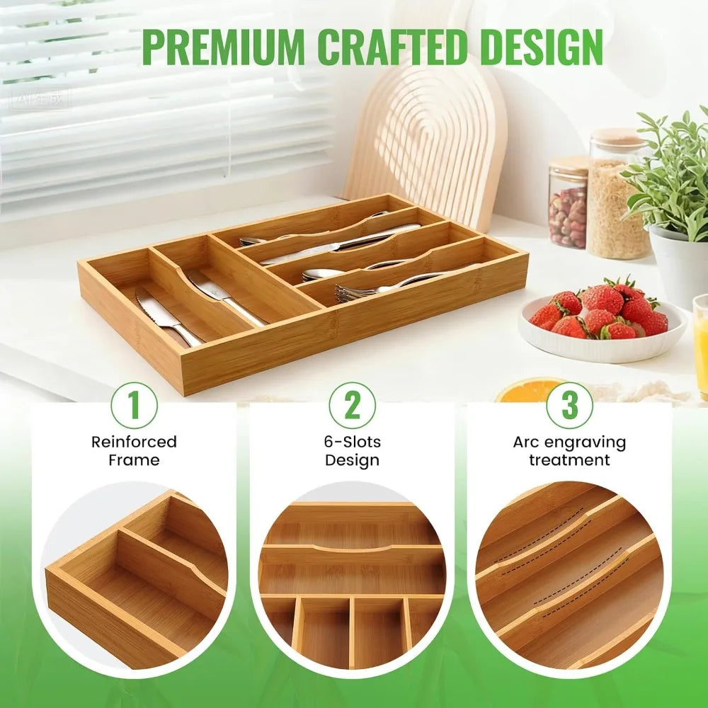 Bamboo Silverware Organizer 6 Slot Drawer Tray For Kitchen Utensils
