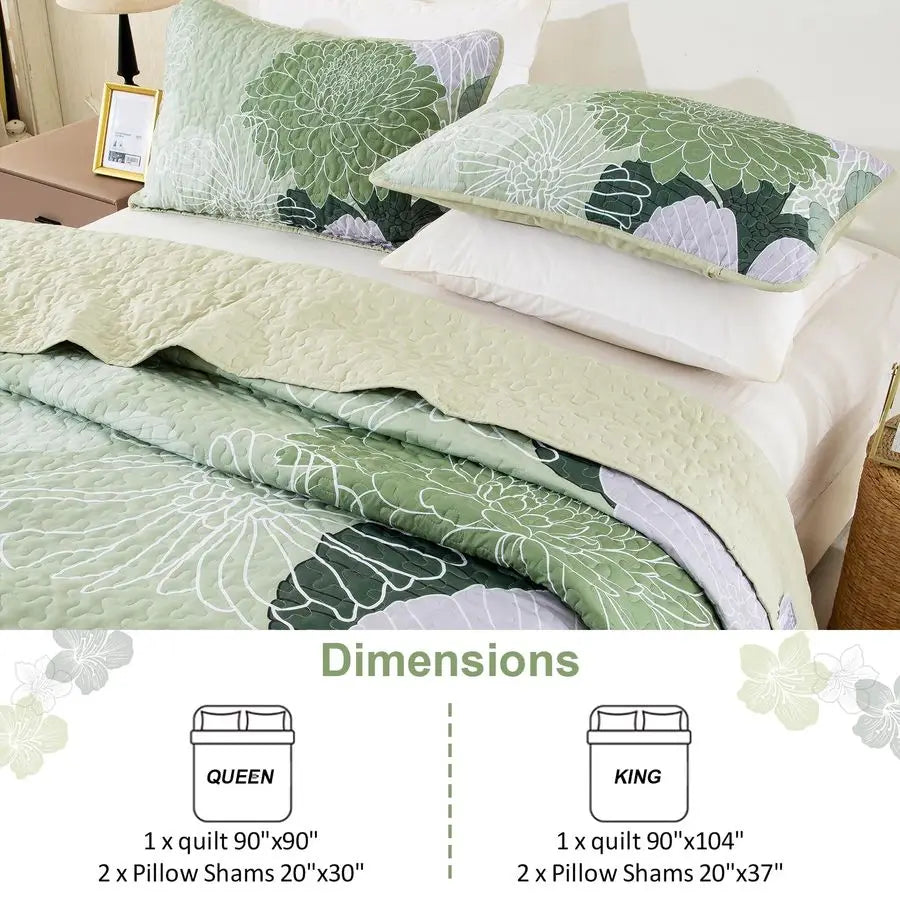 Floral Quilt Set Cotton Bedding Three Piece Two Shams