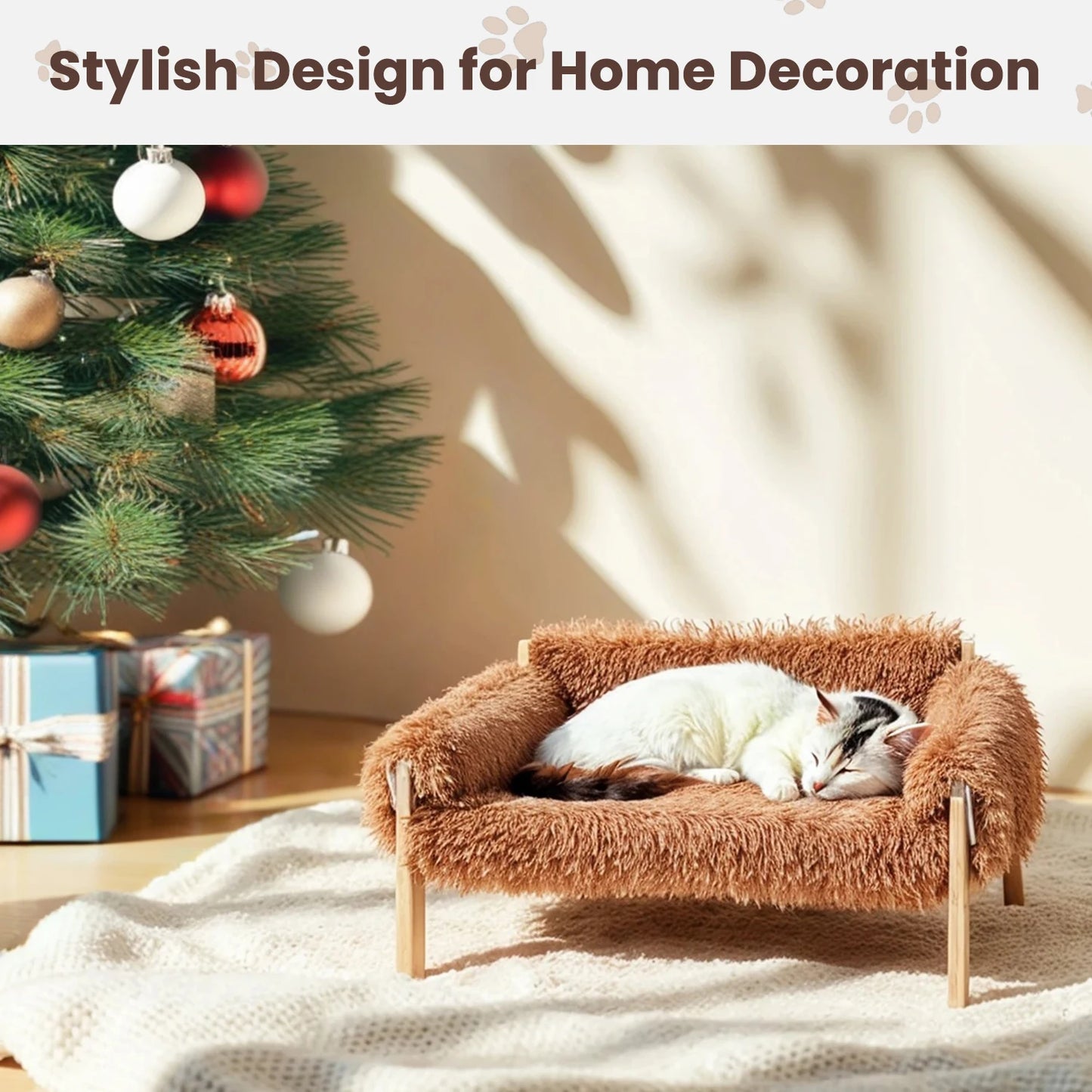 Raised Plush Cat Sofa Bed With Sturdy Wooden Legs For Indoor Cats