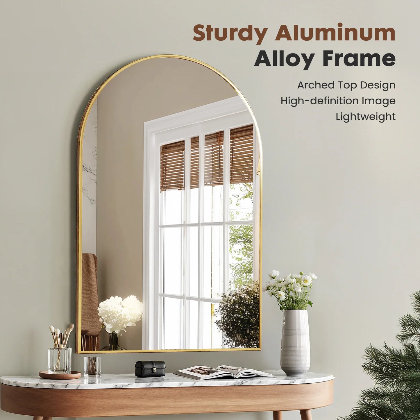 JHK Arched Metal Framed Wall Mirror For Bathroom And Entryway