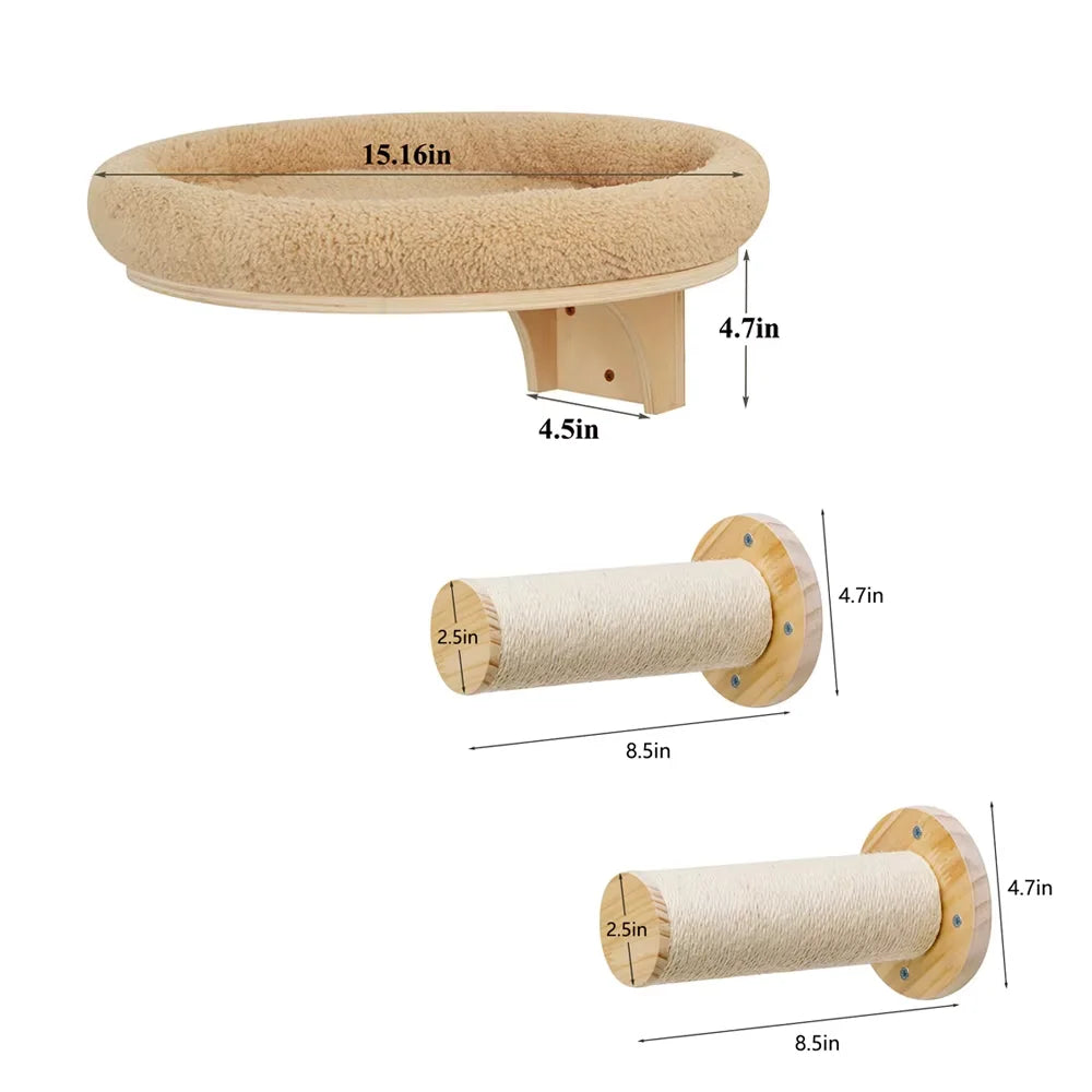 Cat Wall Mounted Solid Wooden Climbing Ladder Hammock Scratching Post
