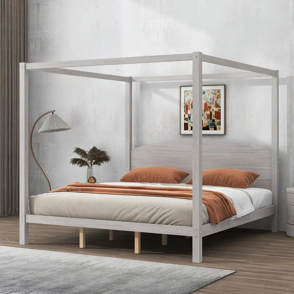 Wood Canopy Bed With Solid Headboard And Four Poster Posts