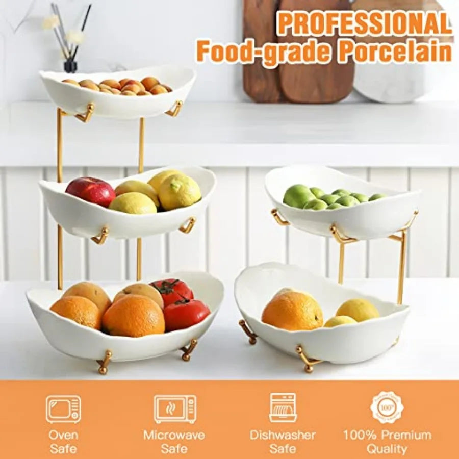Ceramic Three-Tier Fruit Bowl With Metal Stand For Countertop