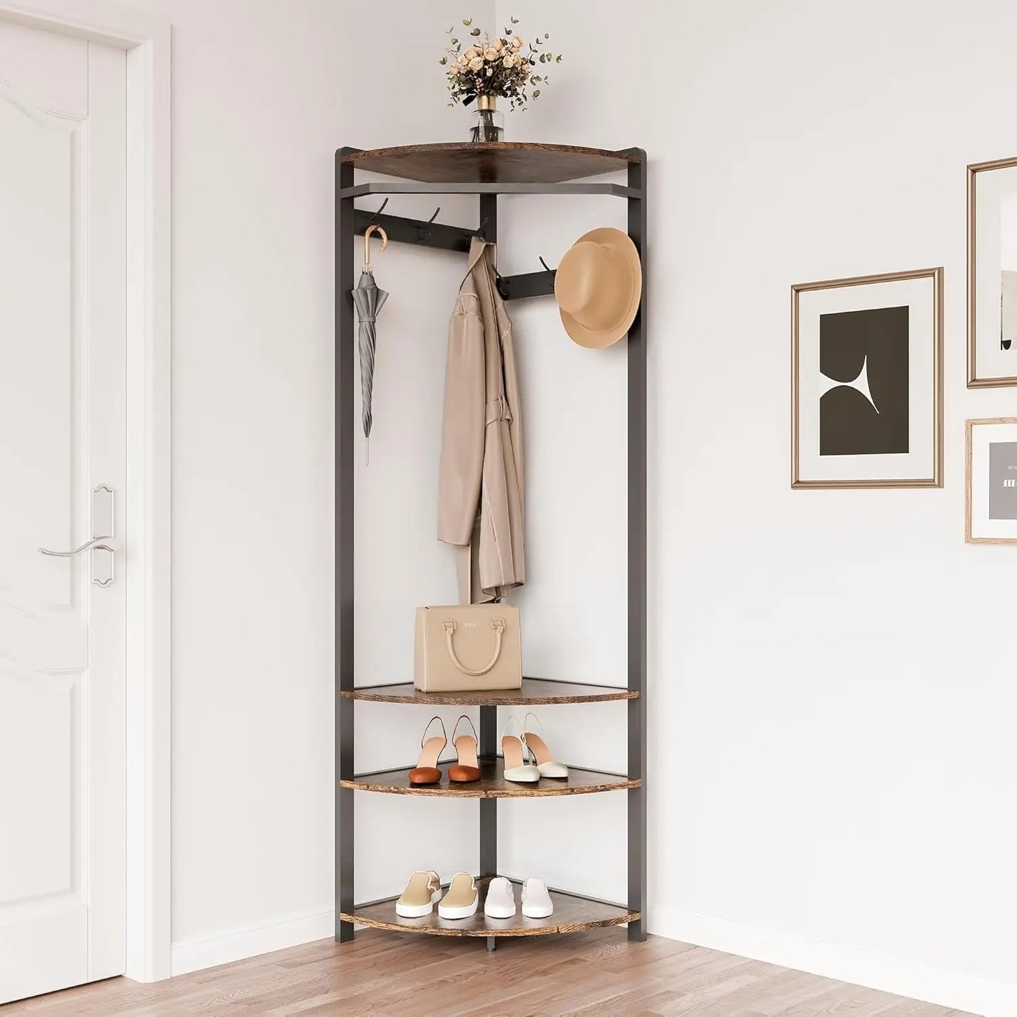 HiMISS Corner Coat Rack Stand Hall Tree With 6 Hooks
