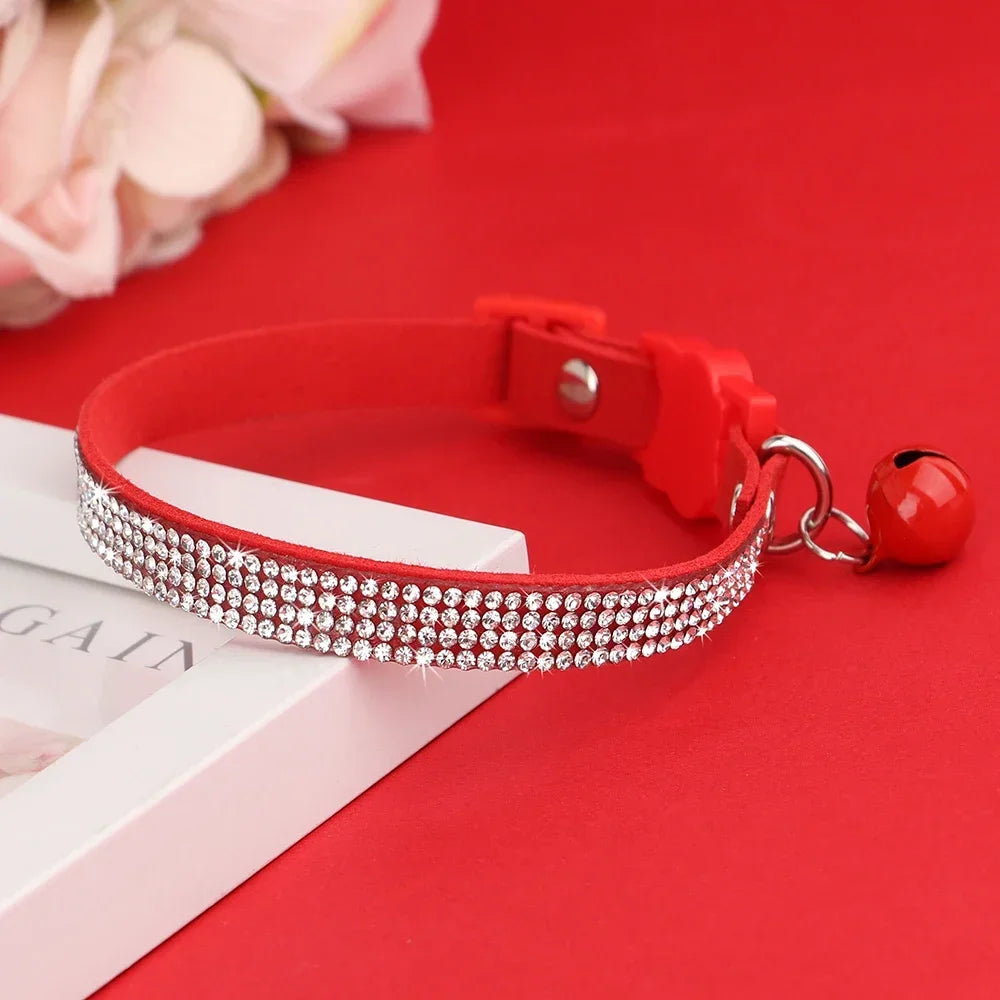 Soft Suede Cat Collar With Rhinestones And Bell Breakaway Adjustable