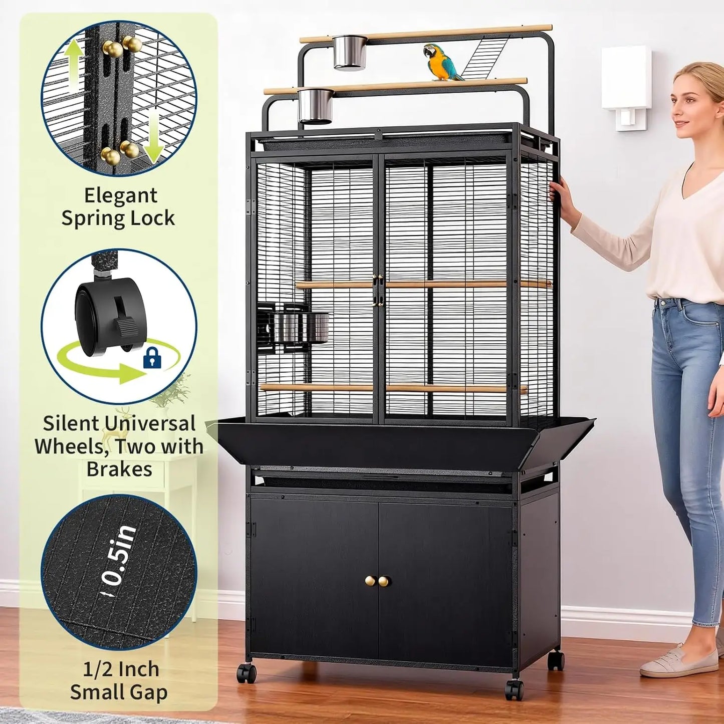 HiMISS Large Bird Cage With Rolling Stand And Storage