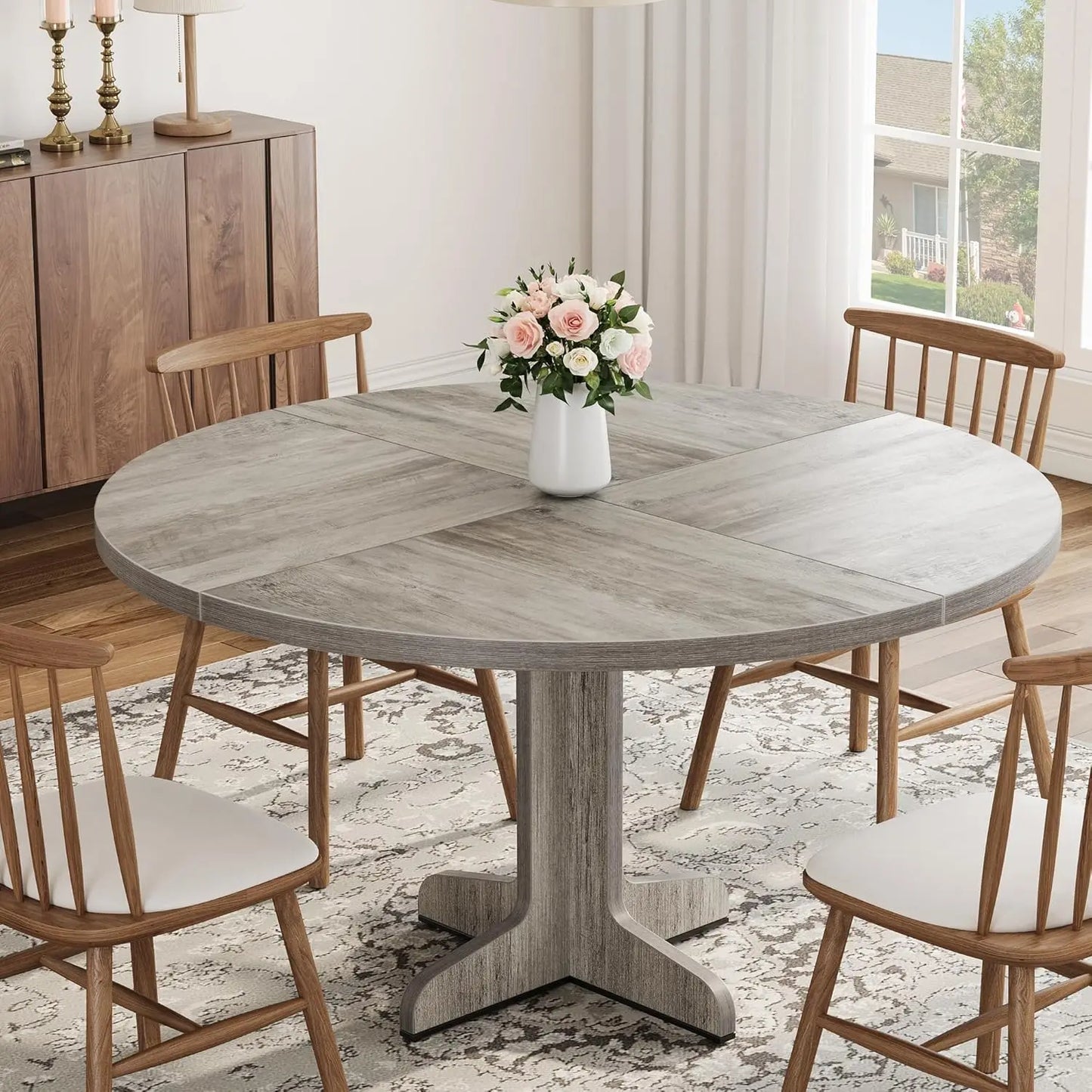 Studyset Farmhouse Round Dining Table With Wood Top And Stable Base