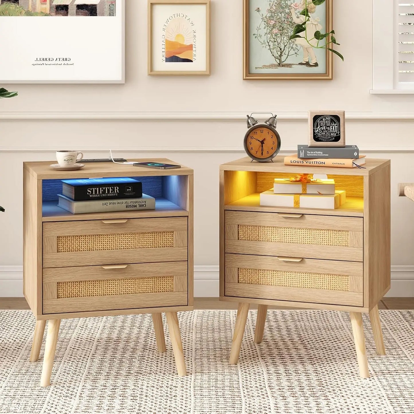 MOYU Rattan Nightstands, Set of 2 With Charging Station