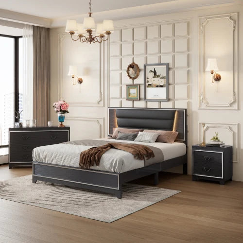 3 Piece Bedroom Set Upholstered Bed With Nightstands Dresser Led