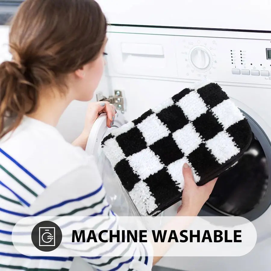 Bathroom Rugs Set 3 Piece Checkered Non Slip Plush Microfiber