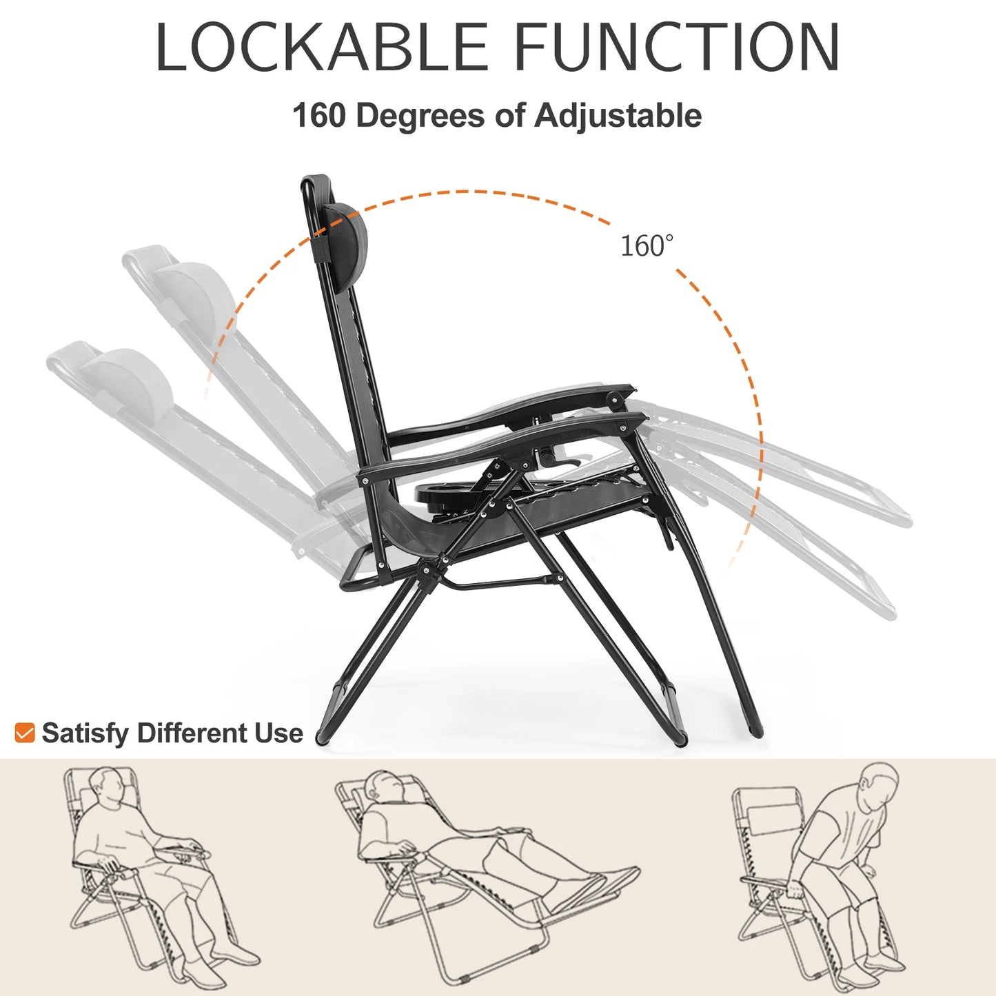 JHK Zero Gravity Set 2 Portable Recliners With Cup Holders