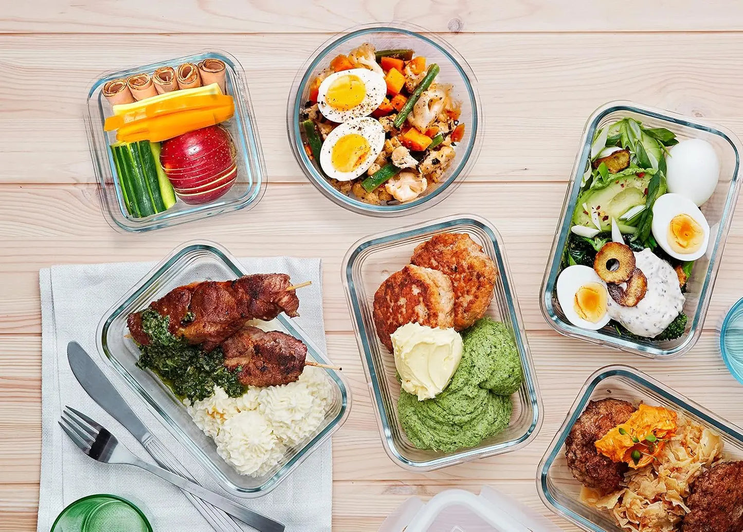 Glass Food Storage Set With Snap Lids, Airtight Microwave Safe