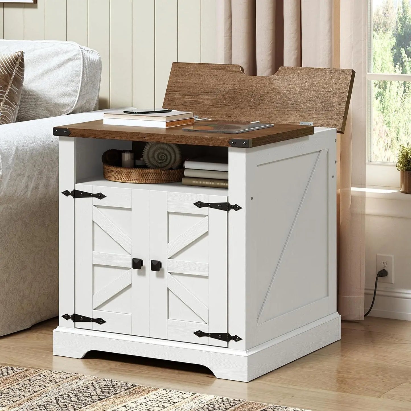 Farmhouse End Table With Charging Station For Living Room