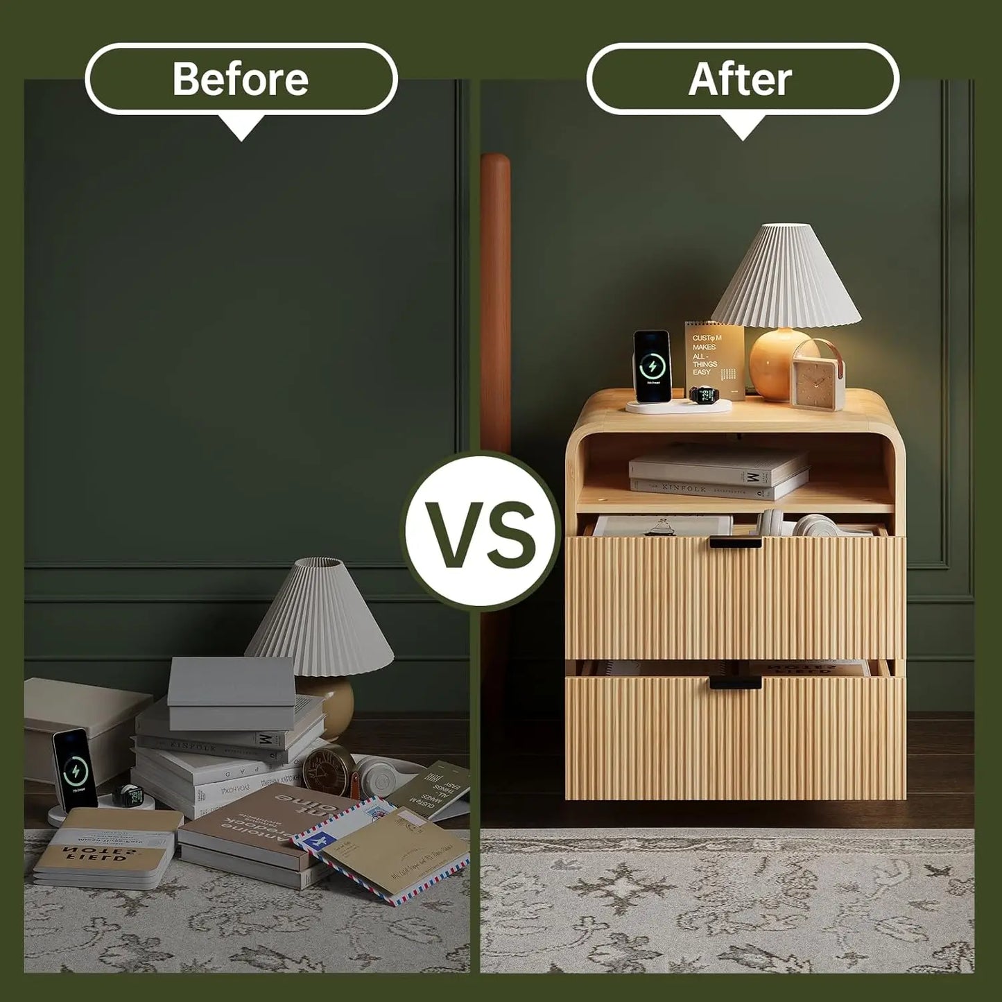 MOYU Fluted Nightstand With Charging Station And Two Drawers