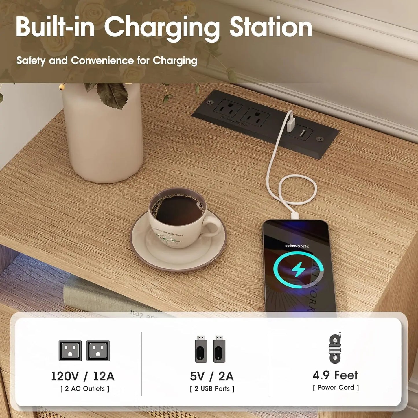 MOYU Rattan Nightstands, Set of 2 With Charging Station