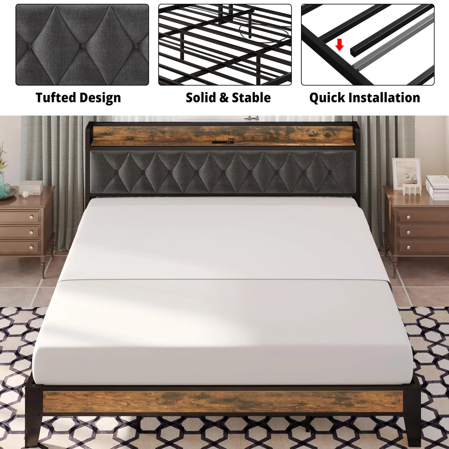 Anctor Storage Headboard Bed Frame With Outlets Noiseless