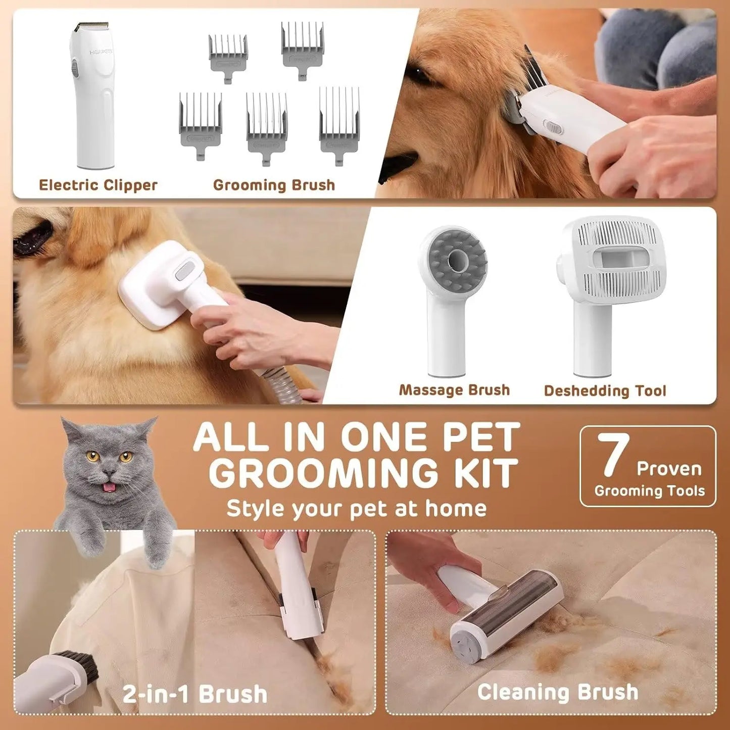 Pet Grooming Vacuum Kit With 7 Tools Low Noise Clipper