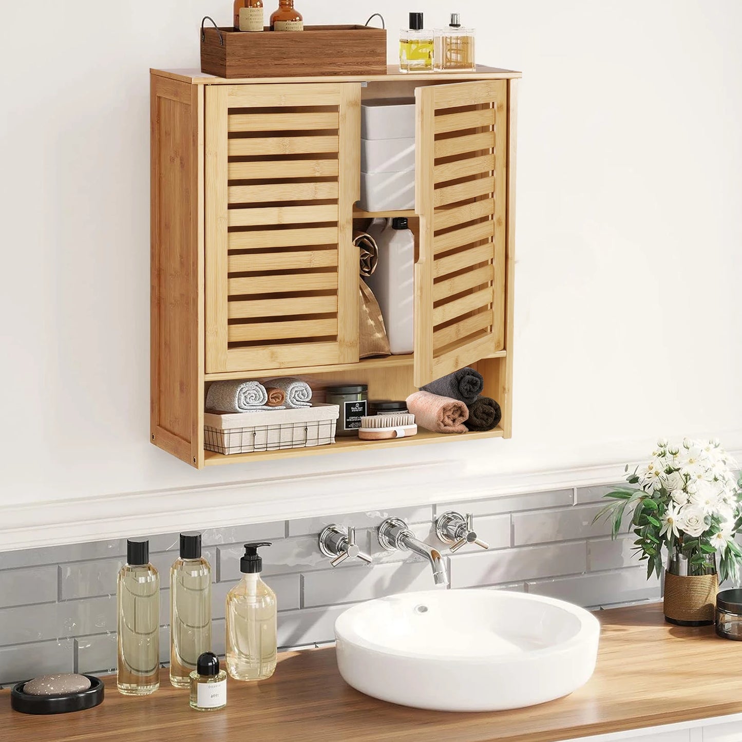 Wisfor Wall Mounted Bamboo Bathroom Cabinet Storage Shelf Medicine Cupboard