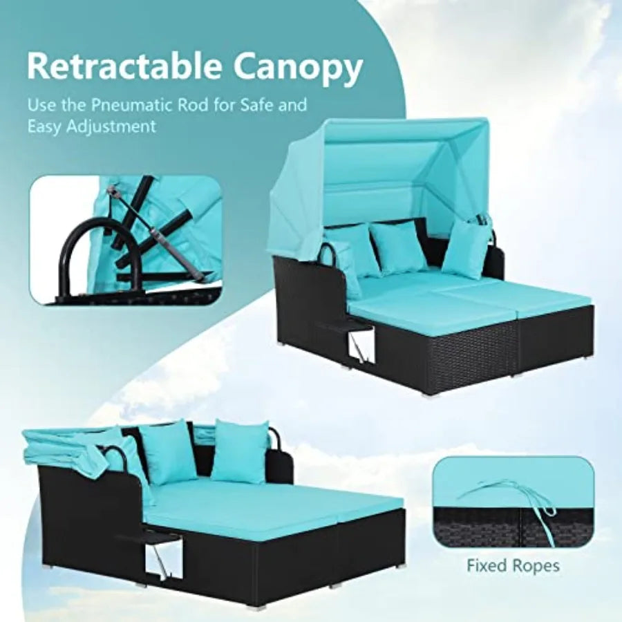 Outdoor Daybed With Retractable Canopy And Cushioned Pillows