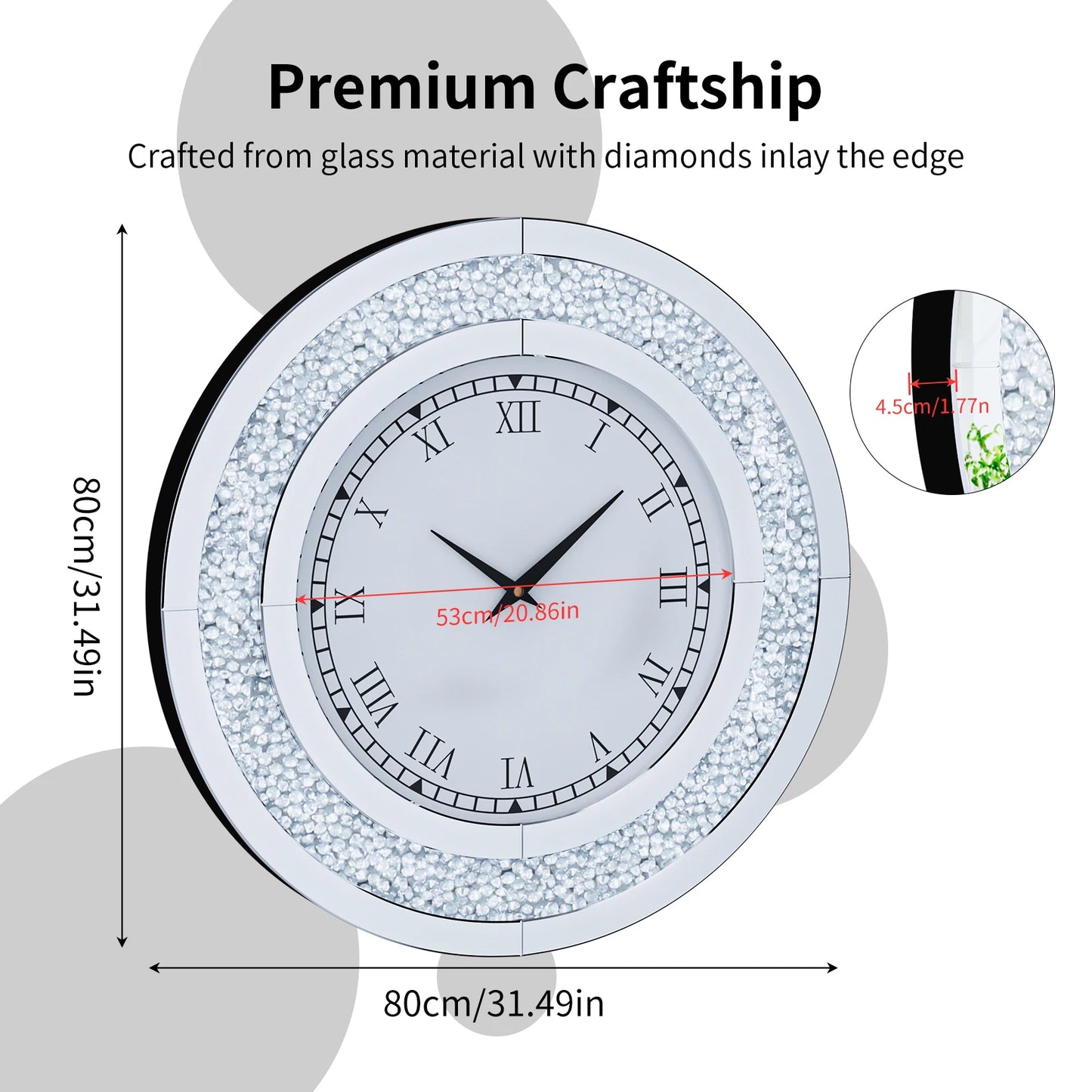 Round Mirror Clock With Crystal Sparkle Wall Decor