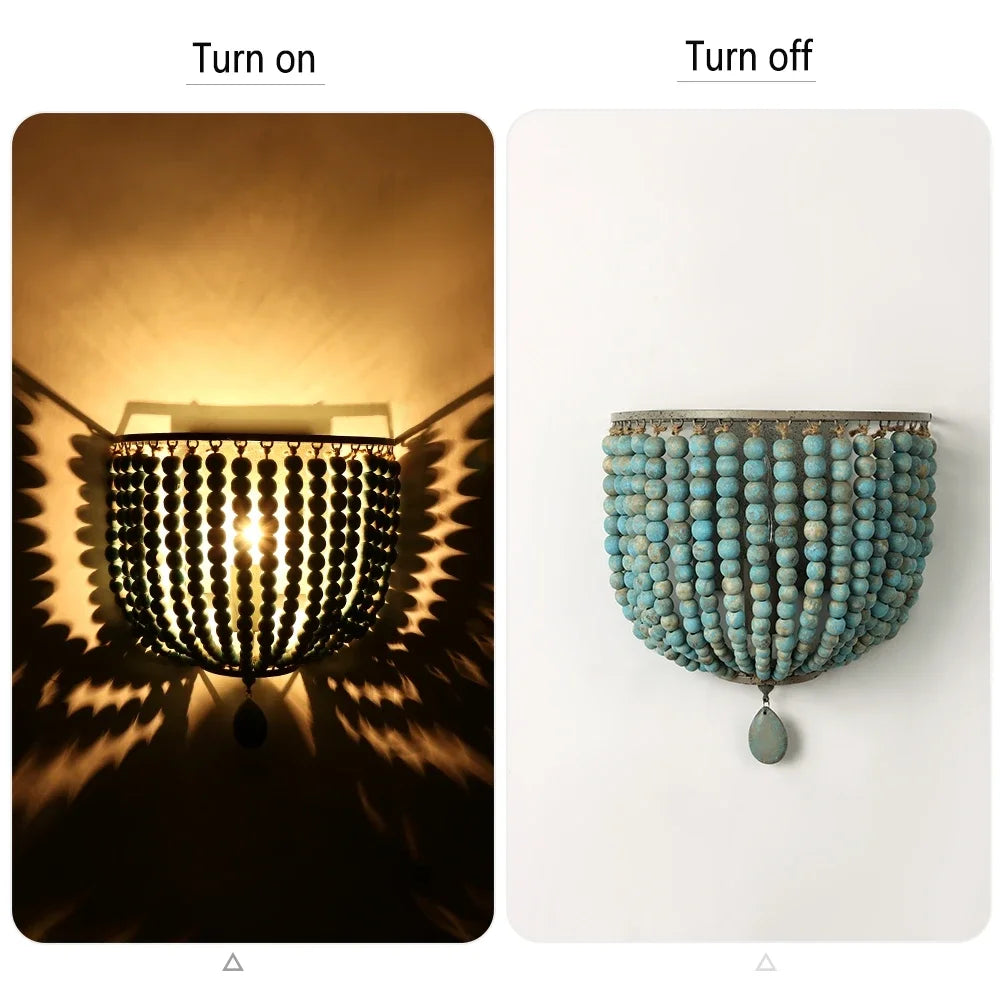 Industrial Retro Wood Beads Wall Light E14 Fixture