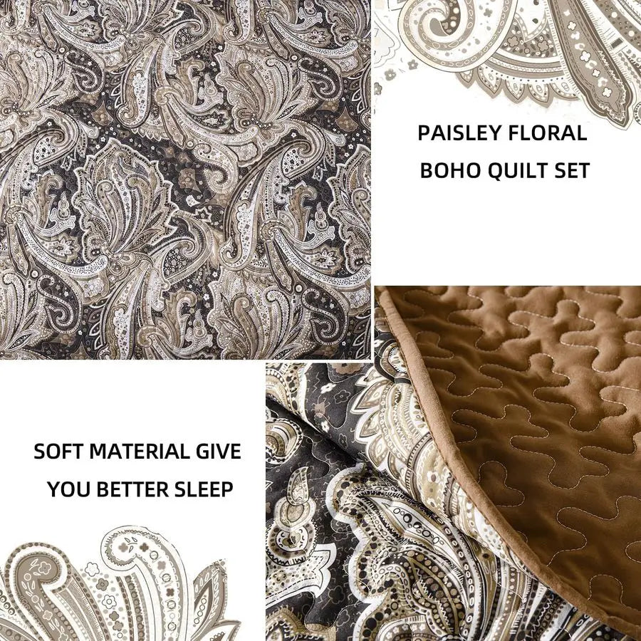 Paisley Quilt Set Boho Bedspread Coverlet Three Piece Cotton