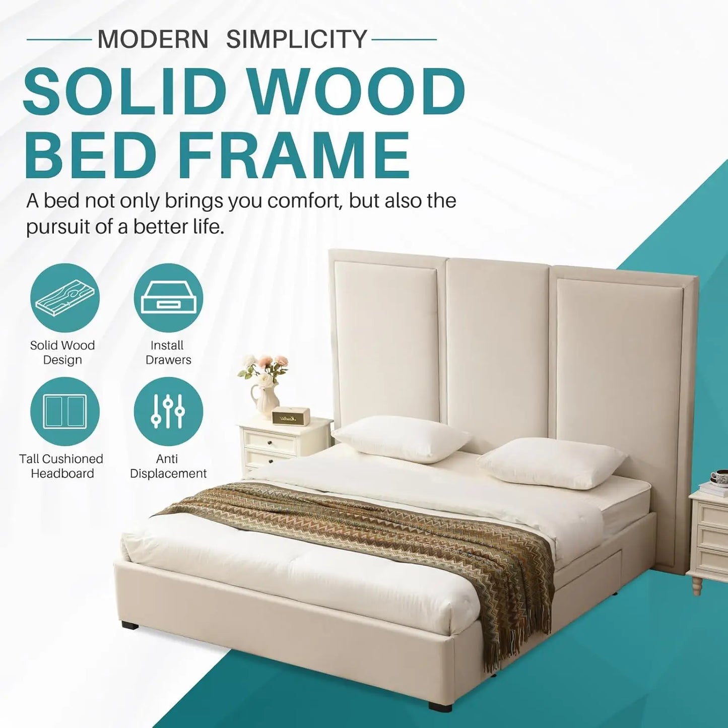 Upholstered Platform Bed With Tall Headboard And Wood Slats