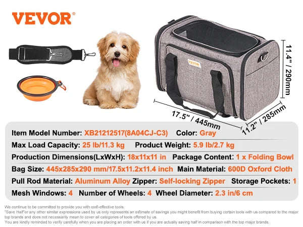 Pet Carrier Backpack for Cats and Small Dogs With Telescopic Handle Wheels