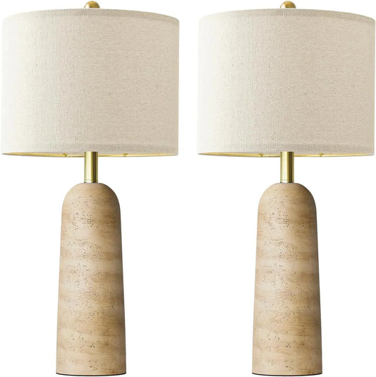 Travertine-Inspired Table Lamp Set 2-Pack With Linen Shade
