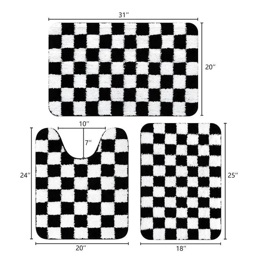 Bathroom Rugs Set 3 Piece Checkered Non Slip Plush Microfiber