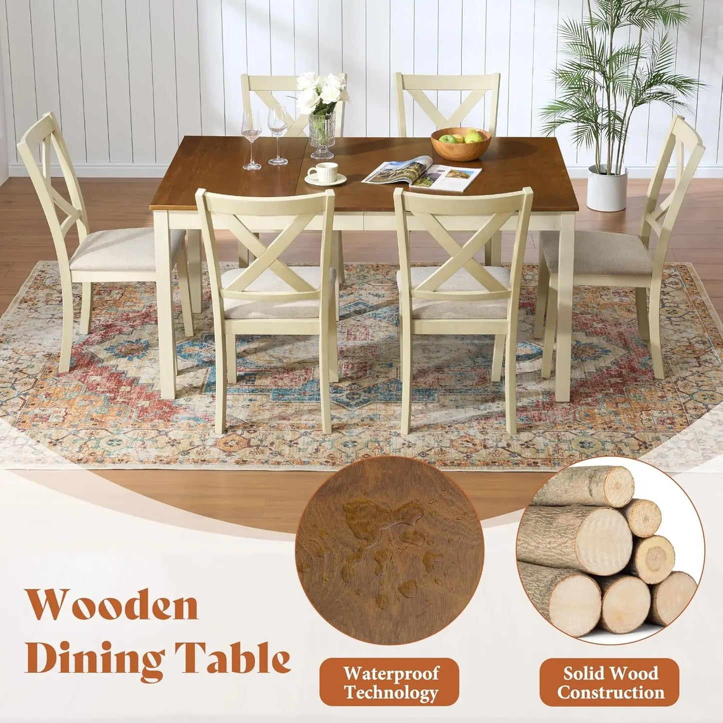 Farmhouse Solid Wood Dining Table Set With Upholstered Chairs
