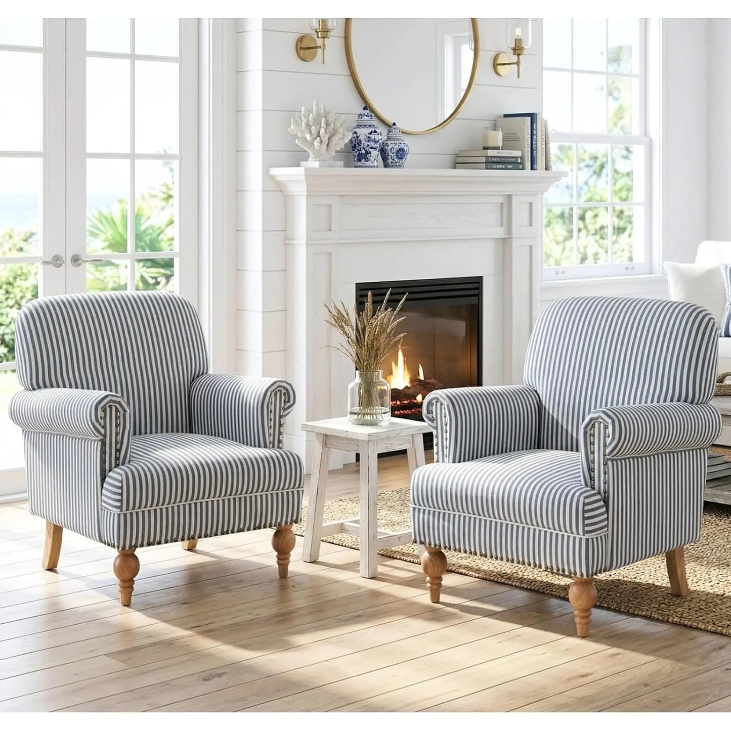Striped Linen Accent Chairs Set of 2 Modern Farmhouse Upholstered Armchairs