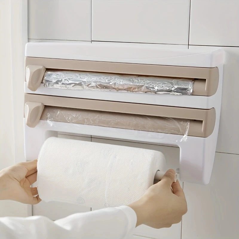 Kitchen Cling Film Organizer With Tin Foil Cutter And Paper Towel Holder
