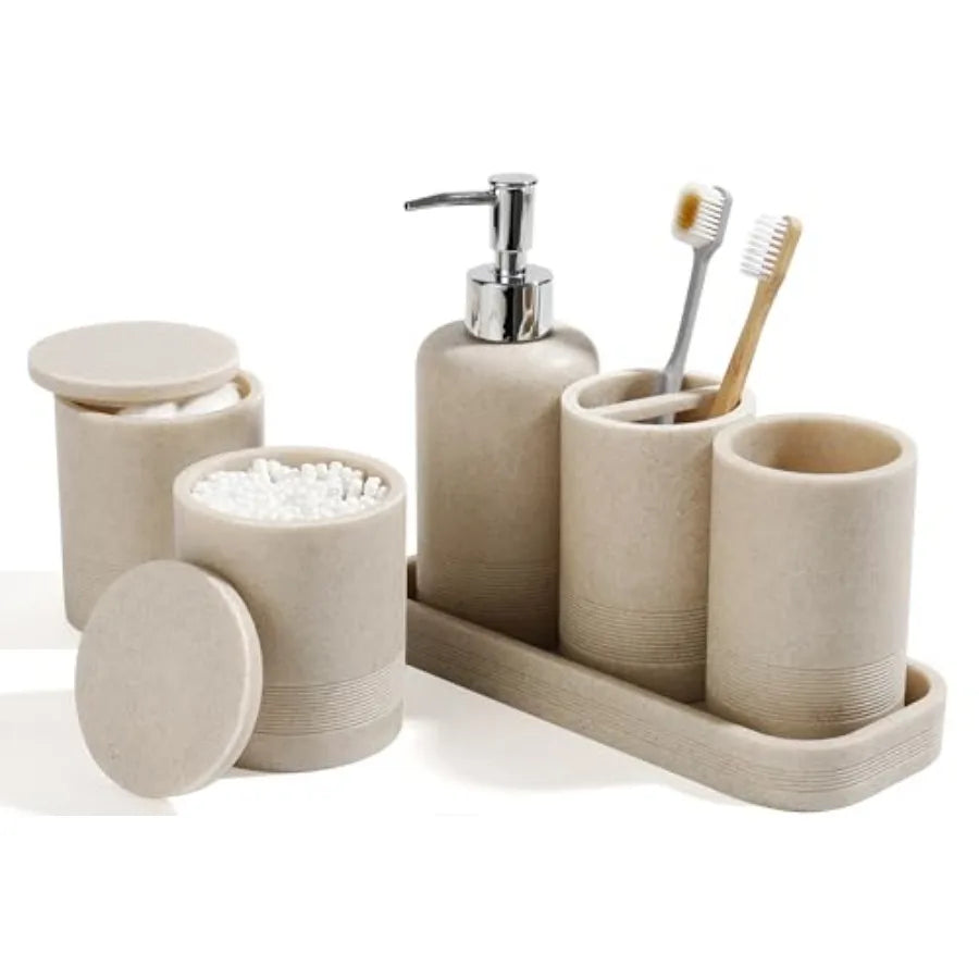 Bamboo Bathroom Accessory Set With Toothbrush Holder Soap Dispenser Tumbler
